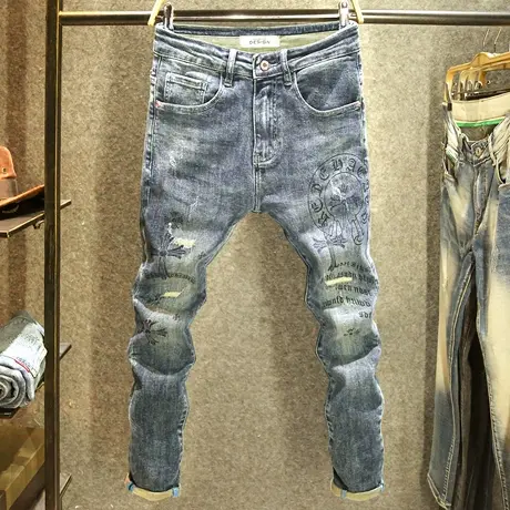 十字架印花牛仔裤男款破洞补丁修身小脚裤潮牌秋冬款百搭休闲长裤商品大图