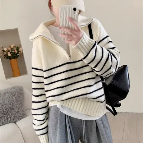 学院风半拉链高领套头毛衣女秋冬新款宽松加厚条纹设计感打底上衣商品大图