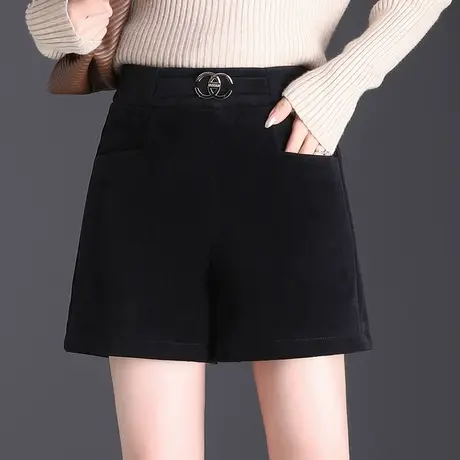 黑色短裤秋冬女高腰宽松阔腿裤2023新款时尚外穿百搭靴裤休闲裤厚商品大图