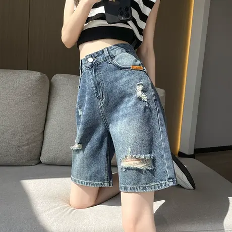 破洞牛仔短裤女五分夏季薄款高腰a字宽松显瘦小个子复古阔腿中裤商品大图