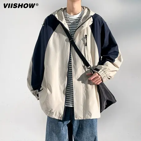 VIISHOW美式高级感外套男士潮牌拼色冲锋衣秋季宽松百搭连帽夹克商品大图