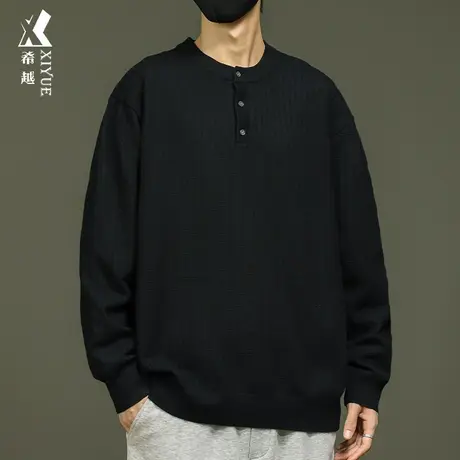 希越亨利领420g针织毛衣男士秋冬季宽松大码美式潮流黑色长袖打底商品大图