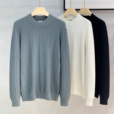 轻奢秋冬季半高领毛衣男宽松百搭条纹毛衫男士白色打底中领针织衫商品大图