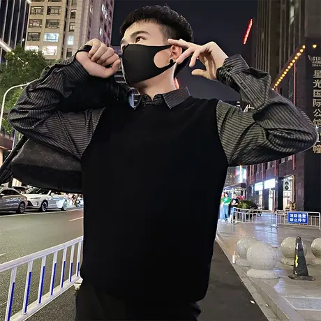 衬衫领拼接假两件毛衣男秋冬季个性发型师休闲针织衫内搭线衣体恤图片