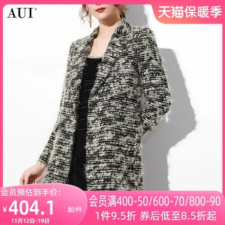 AUI美拉德风中长款修身外套女2023冬新款名媛气质小香风收腰大衣商品大图