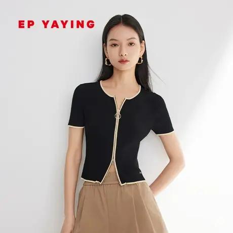 EP雅莹女装 显瘦冰丝短袖罗纹双头拉链衫 2023新款9150A商品大图