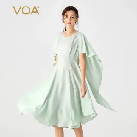 VOA桑蚕丝暗纹提花春水绿圆领披风短袖宽松腰直筒大摆真丝连衣裙图片