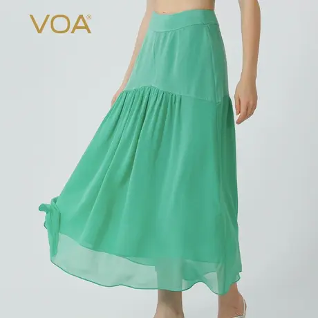 VOA仲夏绿拼接双层乔其桑蚕丝自然腰砂洗重磅真丝A字半身纱裙夏季图片