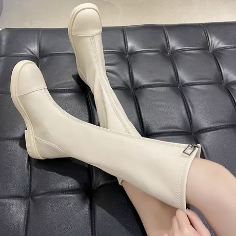 长筒靴女2023秋冬新款加绒瘦瘦小个子高筒骑士马丁靴胖mm粗腿长靴图片