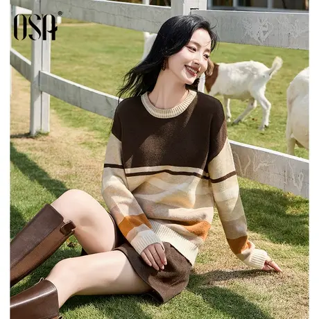 OSA欧莎复古条纹宽松打底针织衫女秋冬季2023年新款显瘦套头毛衣商品大图