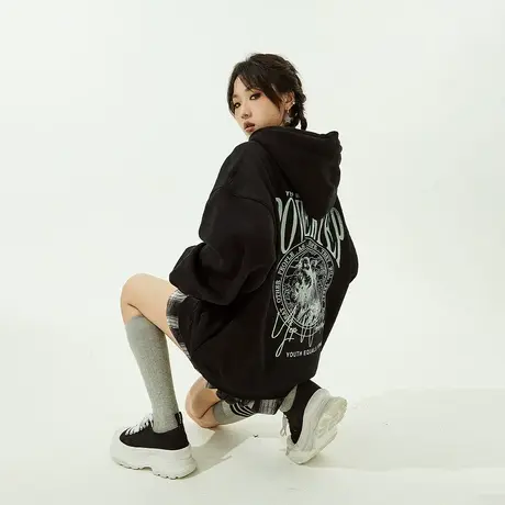 YEP美式黑色连帽卫衣女加绒秋冬2023新款复古oversize外套上衣商品大图