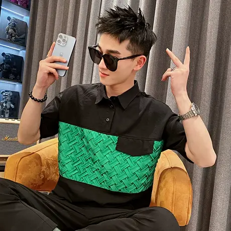 夏季男士POLO衫简约时尚短袖潮流潮牌修身翻领T恤拼接休闲ins体恤商品大图