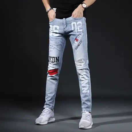 破洞牛仔裤男潮牌修身小脚印花韩版潮流浅色夏季百搭休闲男士裤子商品大图
