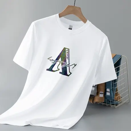 重磅纯棉短袖t恤男装美式潮流夏季半袖液氨长绒棉全棉圆领上衣服商品大图