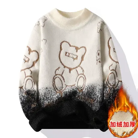毛衣男士2023新款加绒加厚内穿秋冬季中领卡通水貂绒男装保暖衣服商品大图