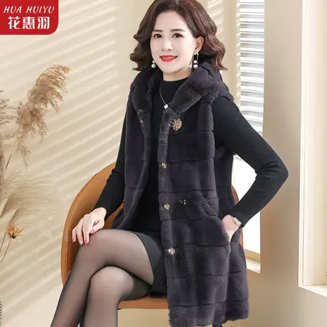 妈妈装冬装仿貂绒连帽马甲外套女中年女士冬季加绒加厚马夹中老年图片
