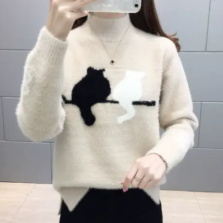 宽松韩版水貂绒毛衣女冬加厚高领2021新款百搭秋冬打底衫内搭上衣商品大图