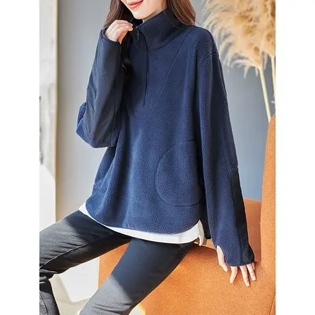 宝诗黎拉链半开领摇粒绒宽松卫衣女2023秋冬新款纯色落肩套头上衣商品大图
