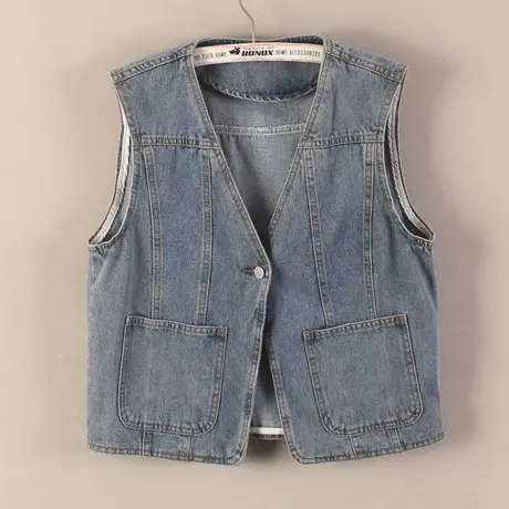 牛仔马甲女宽松2024春秋复古一粒扣休闲水洗无袖外套背心坎肩怀旧图片