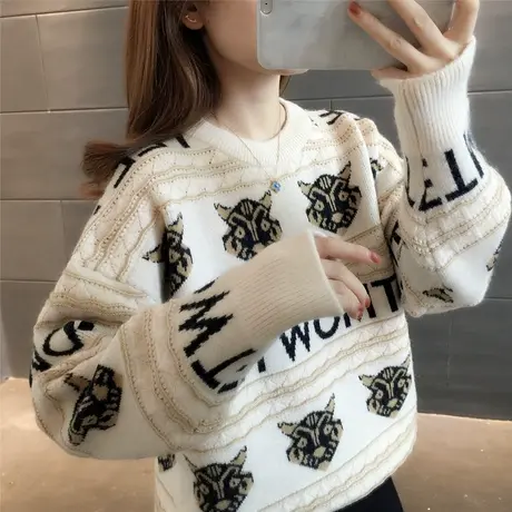 针织衫女秋冬加厚宽松韩版条纹2023字母个性复古毛衣新款百搭圆领图片
