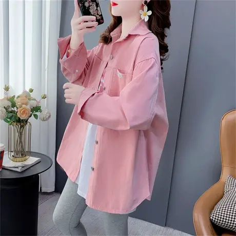 糖果粉色衬衫女中长款2023年新款春季宽松慵懒风百搭长袖衬衣外套图片