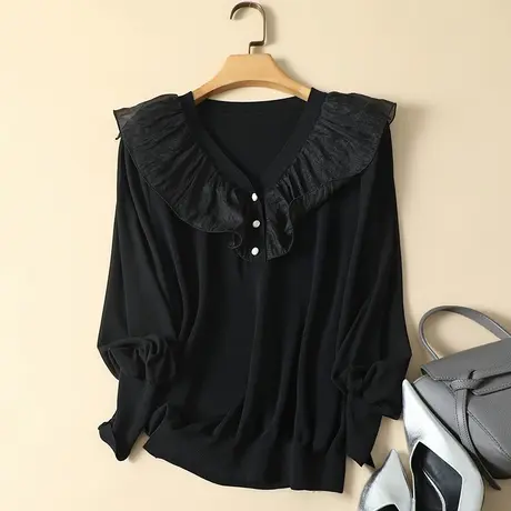 春装2024年新款雪纺袖冰丝针织衫女长袖宽松上衣洋气蕾丝打底衫女图片