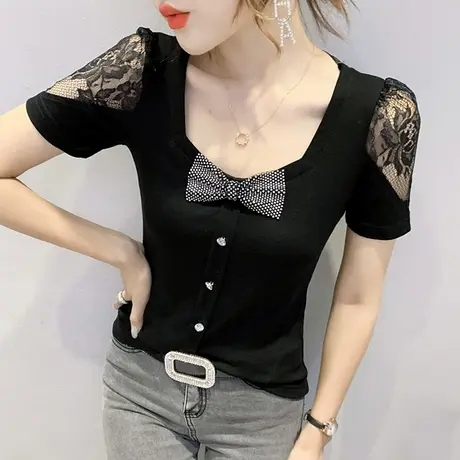 蕾丝拼接T恤女短袖夏装小众设计感蝴蝶结上衣洋气性感镂空小衫潮商品大图