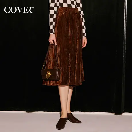 COVER冬季丝绒压褶a字半身裙图片