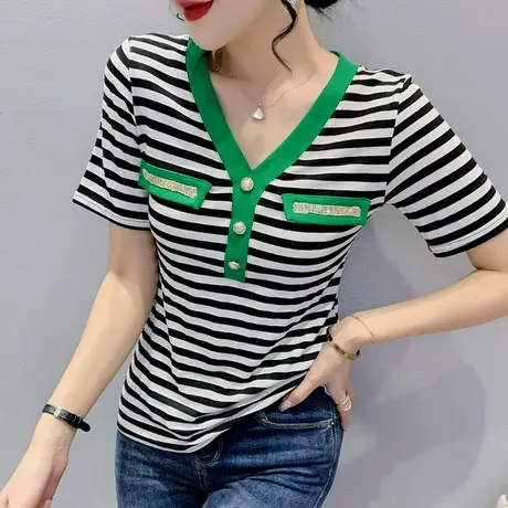 条纹短袖女装2024新款时尚V领T恤设计感洋气小衫修身显瘦拼色上衣图片