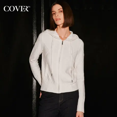 COVER冬季立体绞花羊毛混纺连帽针织衫图片
