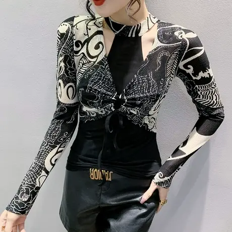 性感镂空网纱上衣女长袖秋冬2024新款时尚印花T恤紧身气质小衫ins商品大图