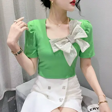 女装2024新款时尚方领T恤短袖夏季洋气蝴蝶结小衫设计感修身上衣商品大图