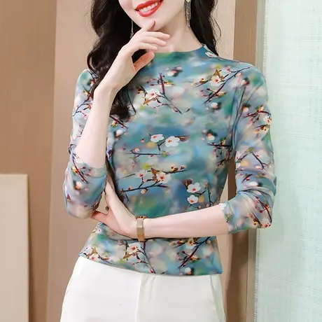 雪纺衫女长袖早秋2024新款时尚漂亮印花打底衫半高领漂亮网纱上衣图片