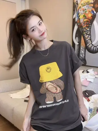 美式复古高街短袖t恤女2024年夏季新款宽松显瘦纯棉港味chic上衣商品大图