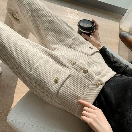 加绒米色雪尼尔阔腿裤女秋冬季2023年新款高腰显瘦休闲灯芯绒裤子商品大图