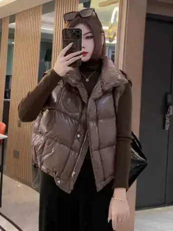 2023秋冬新款羽绒服马甲女纯色拼接宽松立领显瘦加厚保暖时尚外套图片