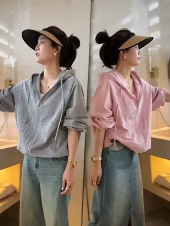 欧洲站2023春夏新款韩版时尚宽松显瘦百搭女连帽拉链防晒短外套潮商品大图