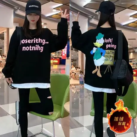 2023秋冬季加绒卫衣女慵懒风长袖中长款设计感小众卡通字母上衣潮商品大图