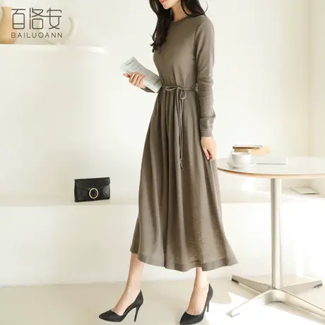 百洛安长款毛衣女内搭a字连衣裙春季新款韩版系带显瘦针织打底裙图片