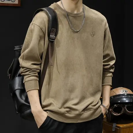 麂皮绒卫衣男士秋冬款圆领男款衣服秋季2023新款长袖大码拼接潮牌图片