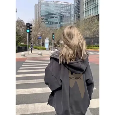 加绒加厚卫衣女2024新款秋冬季上衣小个子韩系慵懒风连帽开衫外套商品大图