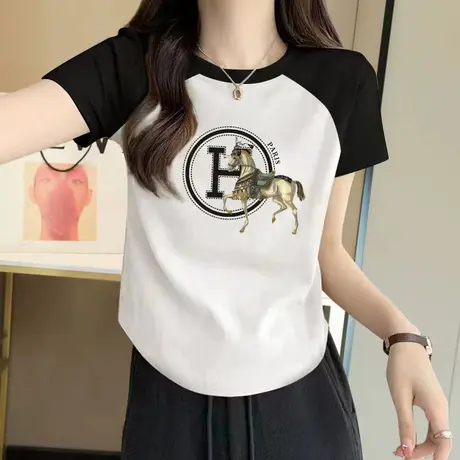 2023新款纯棉正肩短袖t恤女圆领弧形下摆设计感插肩短款小上衣夏图片