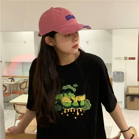 红续韩版复古发泡字母纯棉短袖t恤女夏季宽松圆领半袖上衣ins潮商品大图