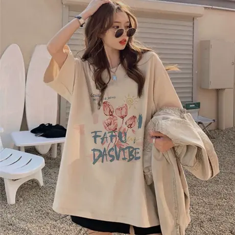 国潮复古大码闺蜜t恤女2022年夏季新款轻熟ins潮纯棉宽松短袖上衣商品大图