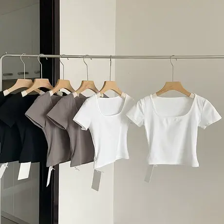 2024年夏季新款ins潮方领短款上衣设计感小众高级感正肩短袖t恤女商品大图