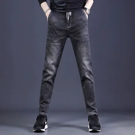 轻奢牛仔裤男冬季新款修身小脚灰黑色韩版潮流男士松紧腰休闲长裤商品大图