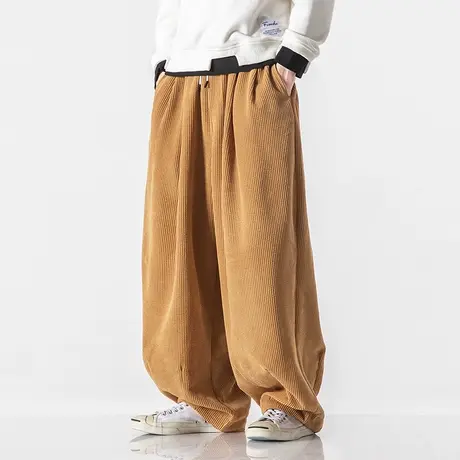 秋冬灯芯绒休闲裤男中国风棕色宽松加肥加大码粗腿直筒胖子阔腿裤图片
