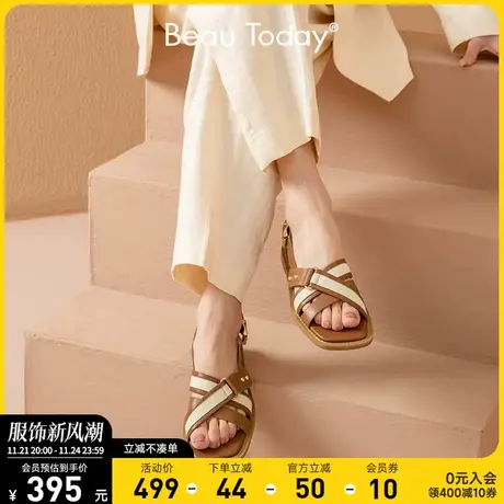 BeauToday罗马凉鞋女春夏平底新款真皮一字带英伦风女鞋时装凉鞋商品大图