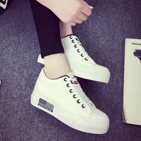 秋季低帮帆布鞋女韩版学生内增高女鞋休闲鞋白色厚底松糕鞋小白鞋商品大图