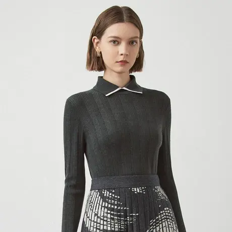 LANCY/朗姿俪雅羊毛衫冬季新款翻领显瘦针织衫通勤设计毛衣女奥莱商品大图